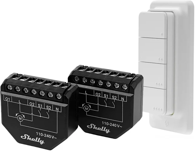 2 žaliuzių/užuolaidų WiFi valdiklių rinkinys „Shelly Shutter“ + BLU RC mygtukas 4