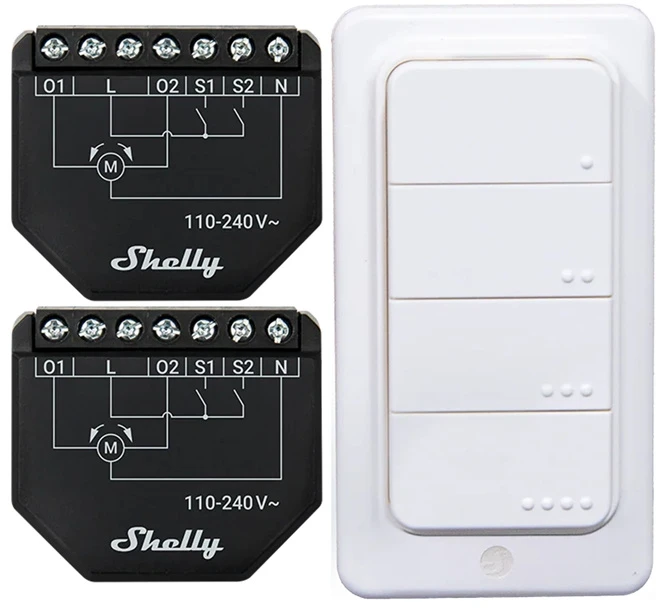 2 žaliuzių/užuolaidų WiFi valdiklių rinkinys „Shelly Shutter“ + BLU RC mygtukas 4
