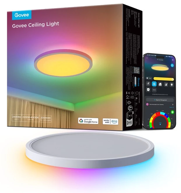 Govee H80A1 12 colių RGBWW + RGBIC apvalus išmanusis lubinis šviestuvas | Lampa sufitowa LED | 2400lm, 2200K-6500K, 2.4GHz Wi-Fi + Bluetooth
