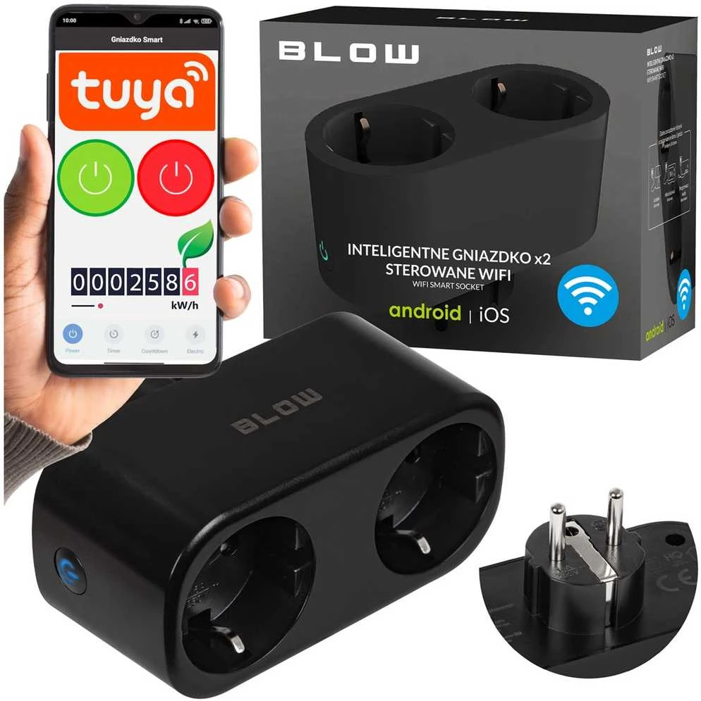 72-078# Blow TUYA dviguba išmanioji rozetė, valdoma per WiFi, juoda
