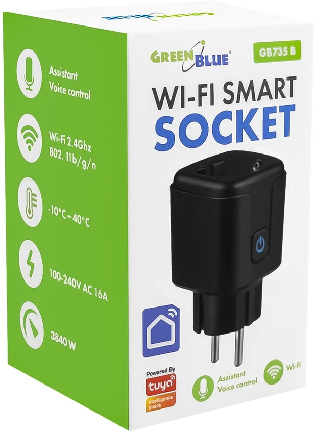 „GreenBlue“ nuotolinio valdymo „WiFi“ lizdas, „Android“ / „iOS“ / „Alexa“ / „Google Home“, laikmatis, vatmetras, maks. 16 A / 3840 W, GB735 B