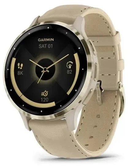 Išmanusis laikrodis Garmin Venu® 3S Šviesaus aukso spalvos nerūdijančiojo plieno apvadas su žalsvai pilkos spalvos korpusu ir odiniu dirželiu