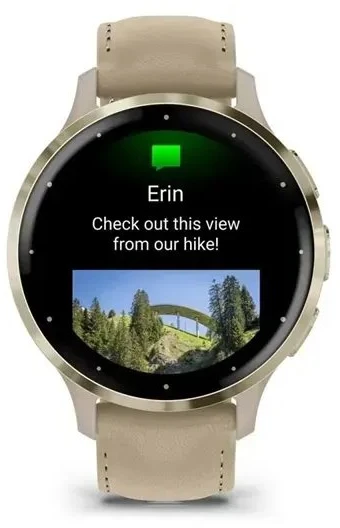 Išmanusis laikrodis Garmin Venu® 3S Šviesaus aukso spalvos nerūdijančiojo plieno apvadas su žalsvai pilkos spalvos korpusu ir odiniu dirželiu