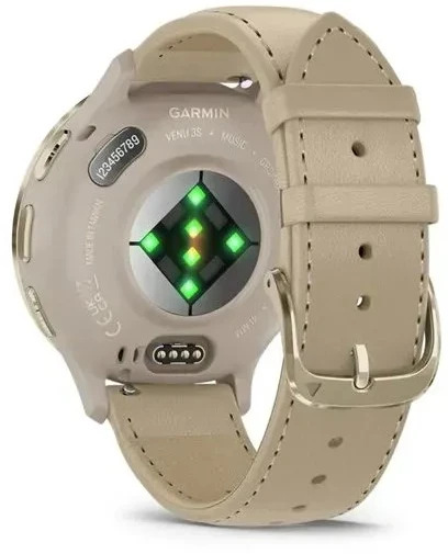 Išmanusis laikrodis Garmin Venu® 3S Šviesaus aukso spalvos nerūdijančiojo plieno apvadas su žalsvai pilkos spalvos korpusu ir odiniu dirželiu