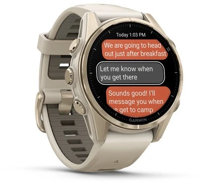 Išmanusis laikrodis Garmin Fenix 8 – 43 mm, AMOLED Sapphire, Šviesaus aukso ir rūko pilkos / tamsios smiltainio spalvos silikoninis dirželis