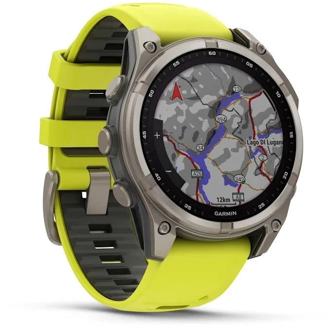 Išmanusis laikrodis Garmin Fenix 8 47mm, Solar, Sapphire, Titanas su ryškiai geltonu / grafito spalvos silikoniniu dirželiu