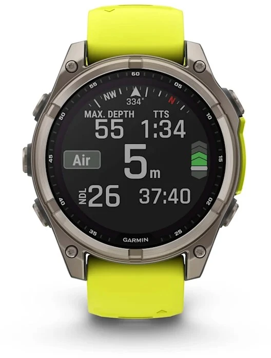 Išmanusis laikrodis Garmin Fenix 8 47mm, Solar, Sapphire, Titanas su ryškiai geltonu / grafito spalvos silikoniniu dirželiu