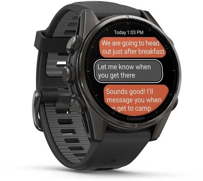 Išmanusis laikrodis Garmin Fenix 8 – 43 mm, AMOLED Sapphire, Pilkos anglies spalvos DLC titanas su juodos / pilkos akmenukų spalvos silikoniniu