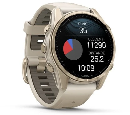 Išmanusis laikrodis Garmin Fenix 8 – 43 mm, AMOLED Sapphire, Šviesaus aukso ir rūko pilkos / tamsios smiltainio spalvos silikoninis dirželis