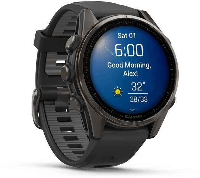 Išmanusis laikrodis Garmin Fenix 8 – 43 mm, AMOLED Sapphire, Pilkos anglies spalvos DLC titanas su juodos / pilkos akmenukų spalvos silikoniniu