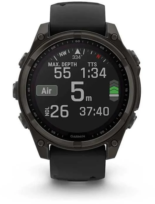 Išmanusis laikrodis Garmin Fenix 8 47 mm, Solar, Sapphire, Pilkos anglies spalvos DLC titanas su juodos / pilkos akmenukų spalvos silikoniniu dirželiu