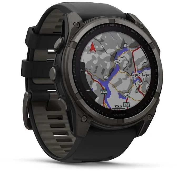 Išmanusis laikrodis Garmin Fenix 8 51 mm, Solar, Sapphire, Pilkos anglies spalvos DLC titanas su juodos / pilkos akmenukų spalvos silikoniniu dirželiu