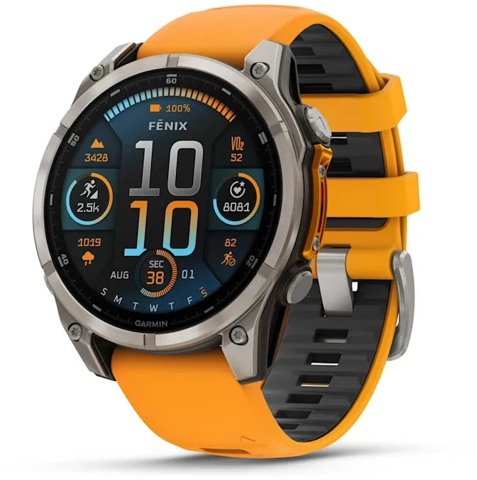 Išmanusis laikrodis Garmin Fenix 8 - 47 mm, AMOLED Sapphire, Titanas su oranžiniu / grafito spalvos silikoniniu dirželiu