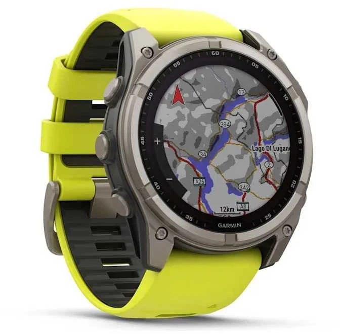 Išmanusis laikrodis Garmin Fenix 8 51mm, Solar, Sapphire, Titanas su ryškiai geltonu / grafito spalvos silikoniniu dirželiu
