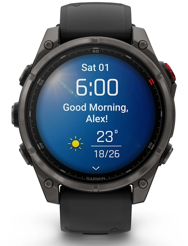 Išmanusis laikrodis Garmin fēnix® 8 Pro – 47 mm, AMOLED Sapphire, Pilkos anglies spalvos DLC titanas su juodos / pilkos akmenukų spalvos silikoniniu dirželiu