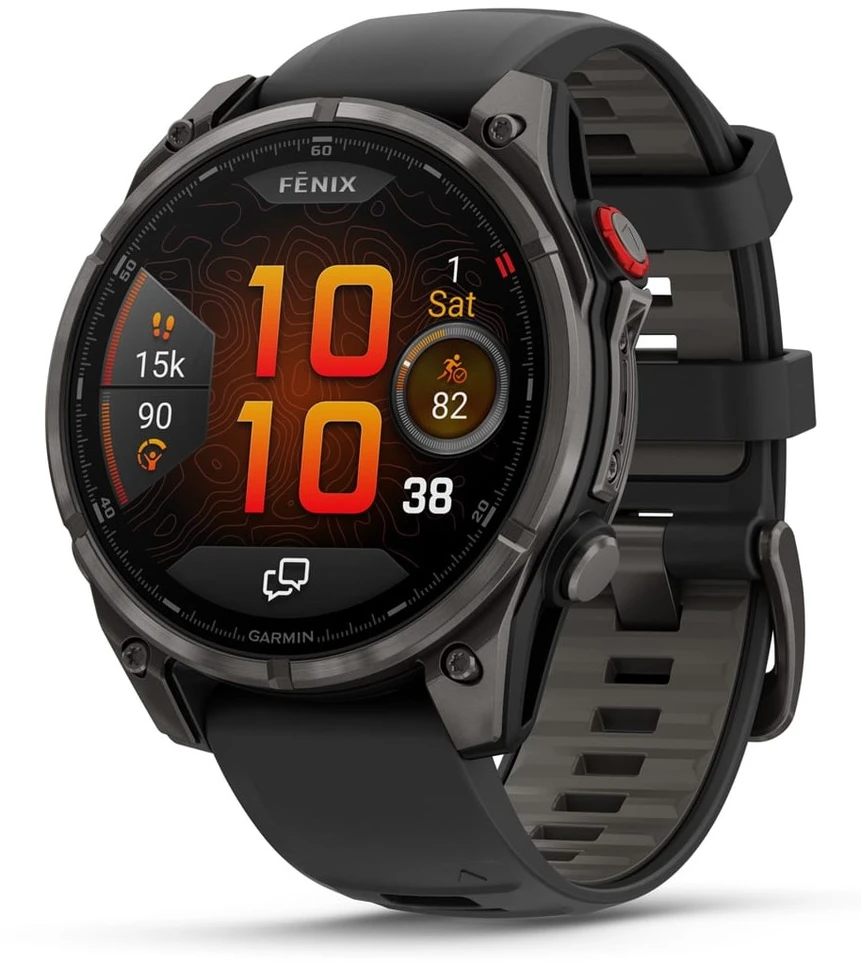 Išmanusis laikrodis Garmin fēnix® 8 Pro – 47 mm, AMOLED Sapphire, Pilkos anglies spalvos DLC titanas su juodos / pilkos akmenukų spalvos silikoniniu dirželiu