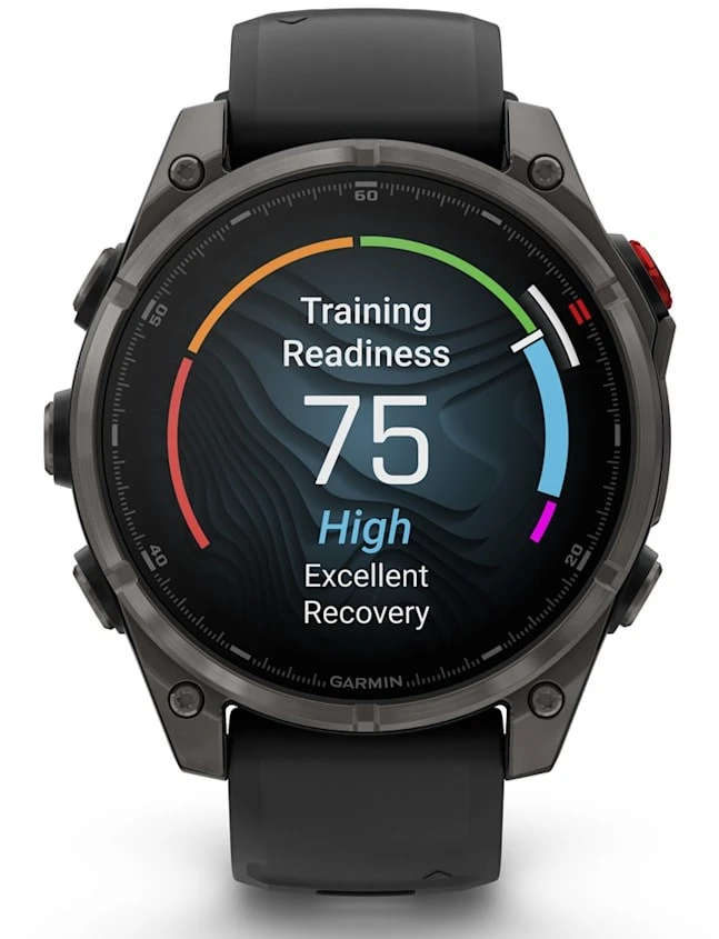 Išmanusis laikrodis Garmin fēnix® 8 Pro – 47 mm, AMOLED Sapphire, Pilkos anglies spalvos DLC titanas su juodos / pilkos akmenukų spalvos silikoniniu dirželiu