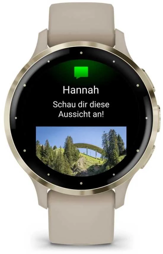 Išmanusis laikrodis GarminVenu® 3S, Šviesaus aukso spalvos nerūdijančiojo plieno apvadas su smėlio spalvos silikoniniu dirželiu