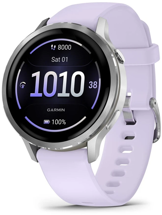 Išmanusis laikrodis Garmin Venu® 4 - 41 mm Sidabro spalvos su šviesiai violetinės spalvos silikoniniu dirželiu | 010-03013-01