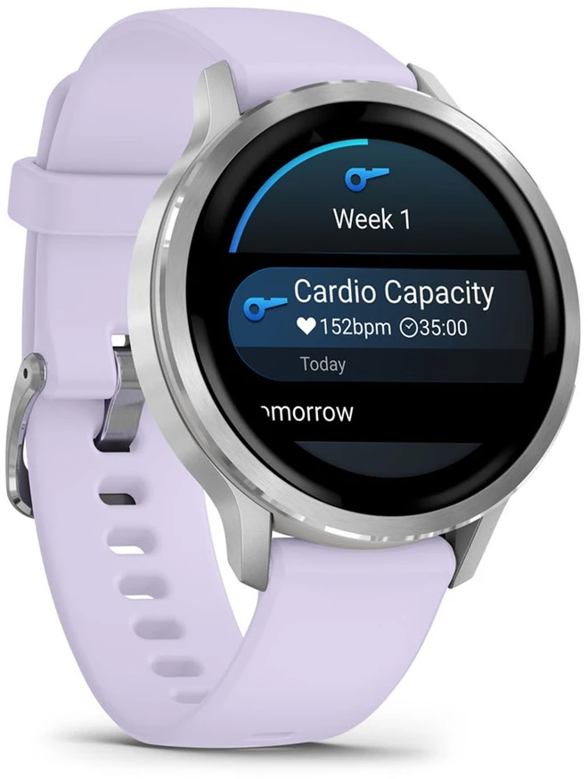 Išmanusis laikrodis Garmin Venu® 4 - 41 mm Sidabro spalvos su šviesiai violetinės spalvos silikoniniu dirželiu | 010-03013-01
