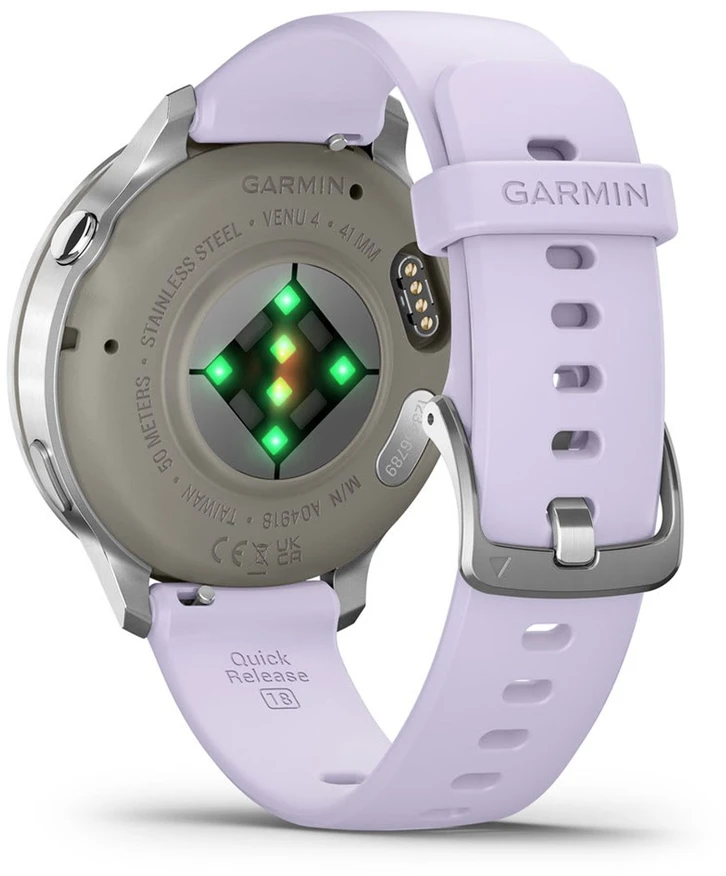 Išmanusis laikrodis Garmin Venu® 4 - 41 mm Sidabro spalvos su šviesiai violetinės spalvos silikoniniu dirželiu | 010-03013-01