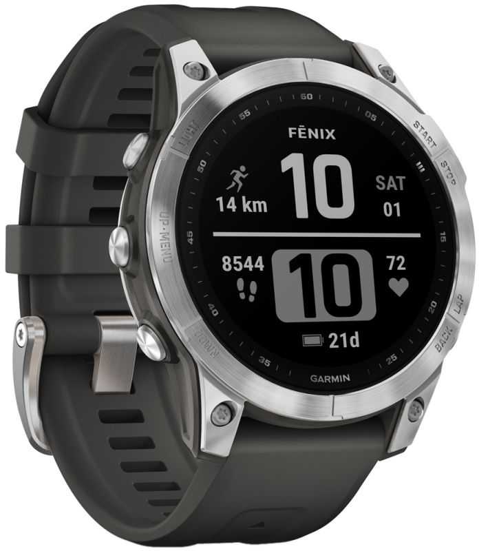 Išmanusis laikrodis Garmin fenix 7 – Standard Edition, Sidabro spalvos korpusas su grafito spalvos silikoniniu dirželiu
