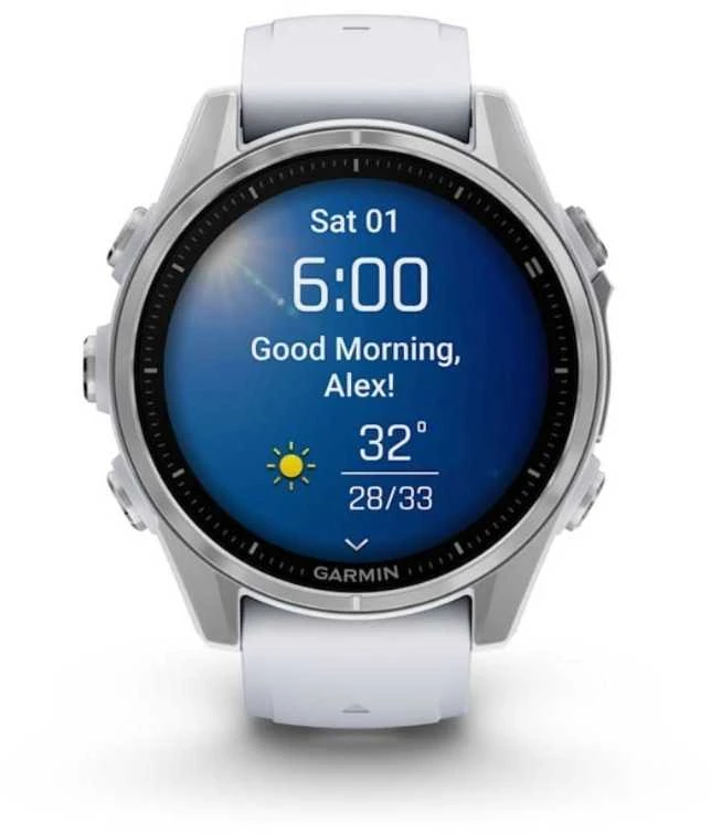 Išmanusis laikrodis Garmin Fenix 8 – 43 mm, AMOLED Sidabrinės spalvos korpusas su baltojo akmens spalvos silikoniniu dirželiu