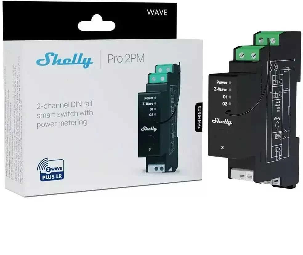 „Shelly Wave Pro 2PM LR“ dviejų kanalų Z-Wave DIN bėgelio valdiklis
