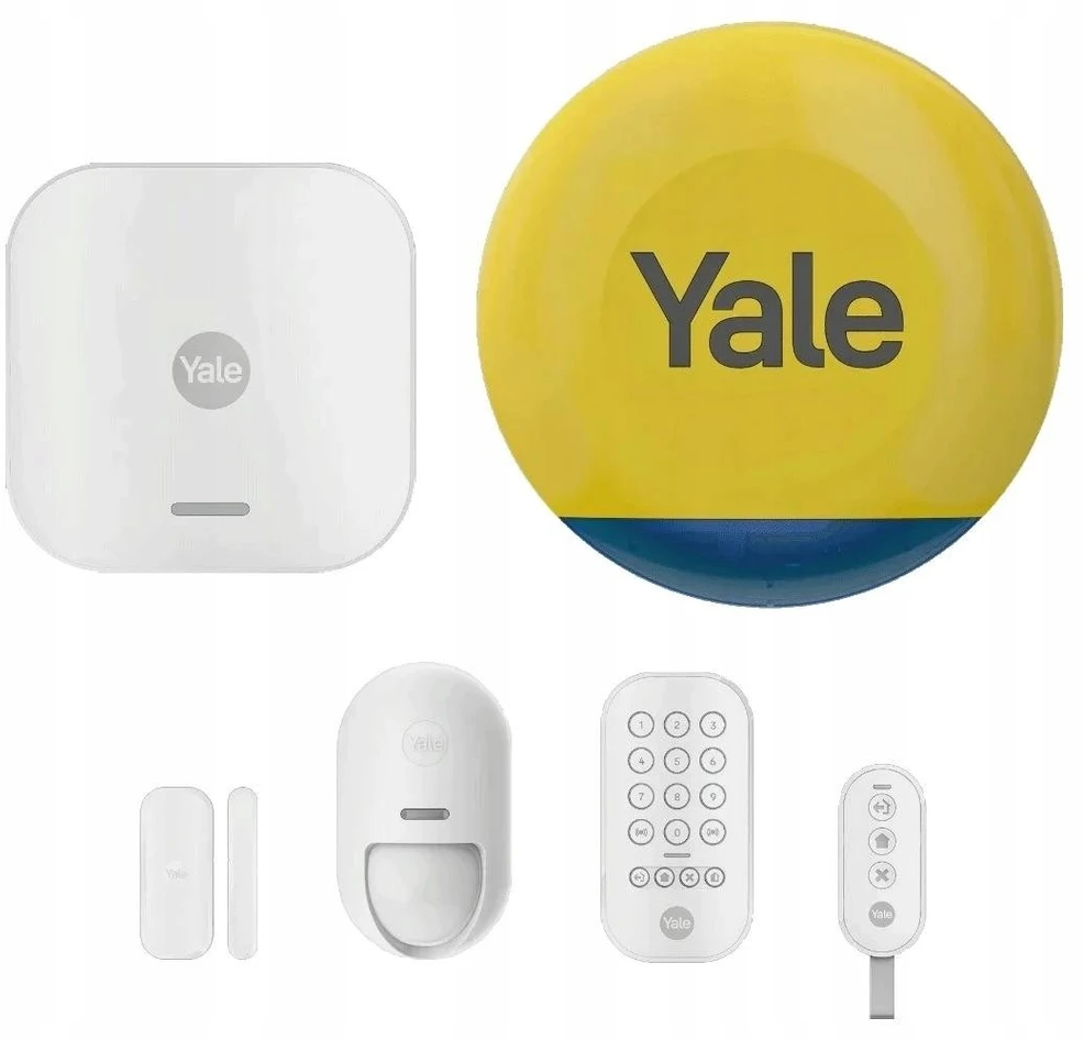 „Yale“ išmaniosios signalizacijos pradinis rinkinys, 6 elementai - Valdymo blokas, Sirena, Klaviatūra, Nuotolinio valdymo pultas, Judesio jutiklis, Langų/durų jutiklis