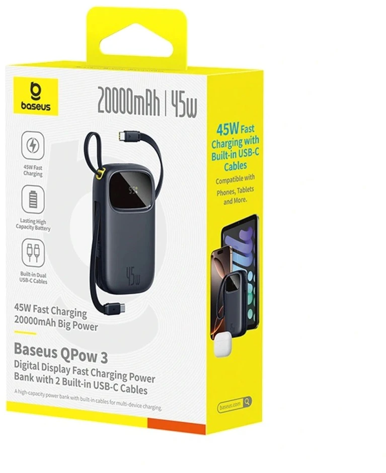 Baseus EnerFill FC31 Powerbank with digital display and 2 built-in USB-C cables 20000mAh 45W Juodas
