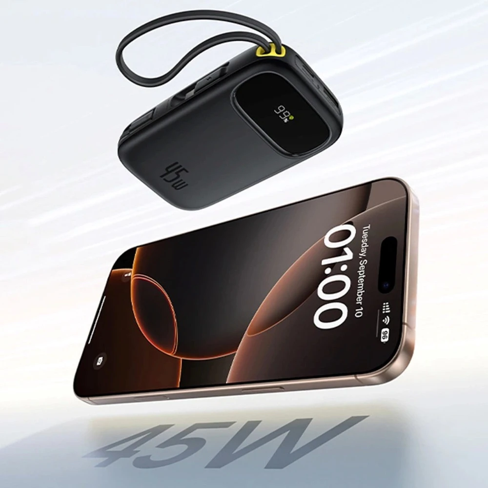 Baseus EnerFill FC31 Powerbank su ekranu ir USB-C bei Lightning kabeliais 45W Juoda