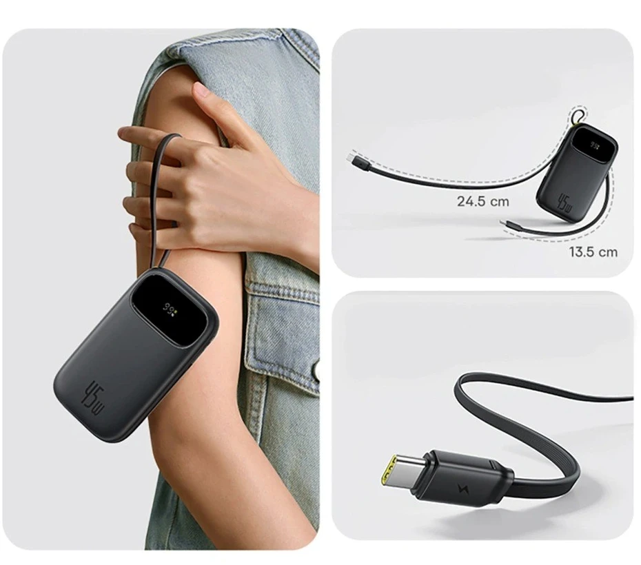 Baseus EnerFill FC31 Powerbank with digital display and 2 built-in USB-C cables 20000mAh 45W Juodas