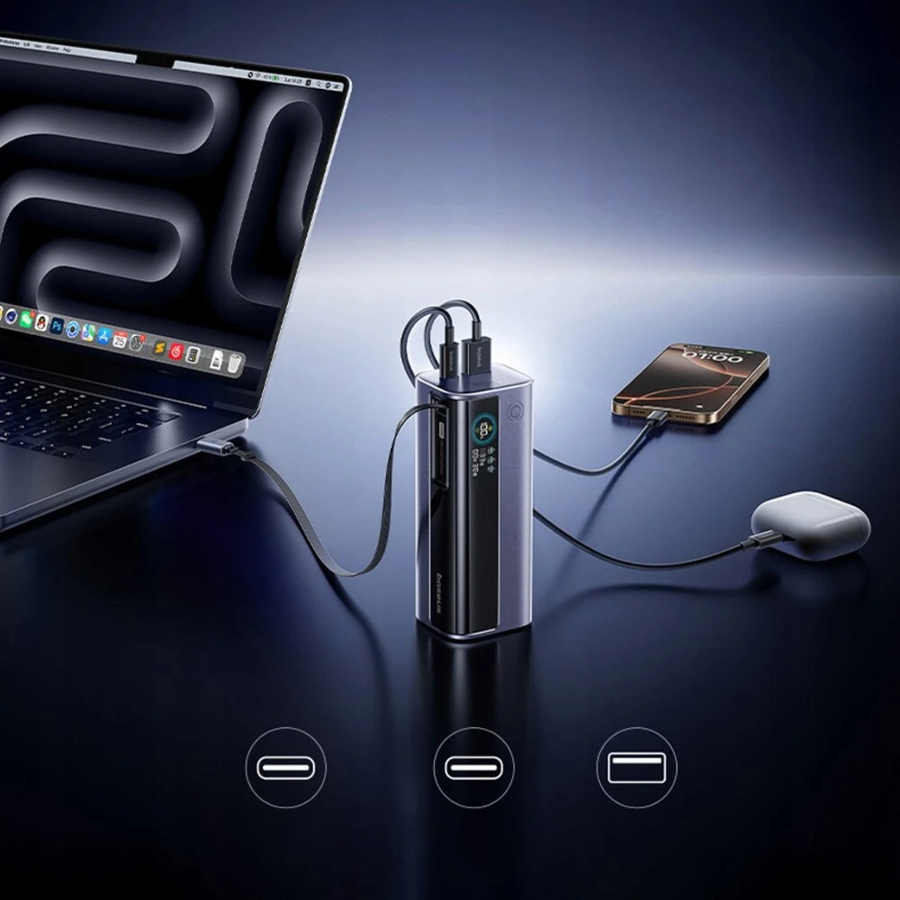 LiPo išorinis akumuliatorius (Powerbank) 20000mAh 145W, su įmontuotu USB-C kabeliu, USB-A, USB-C pilkas EnerGeek GR11 BASEUS
