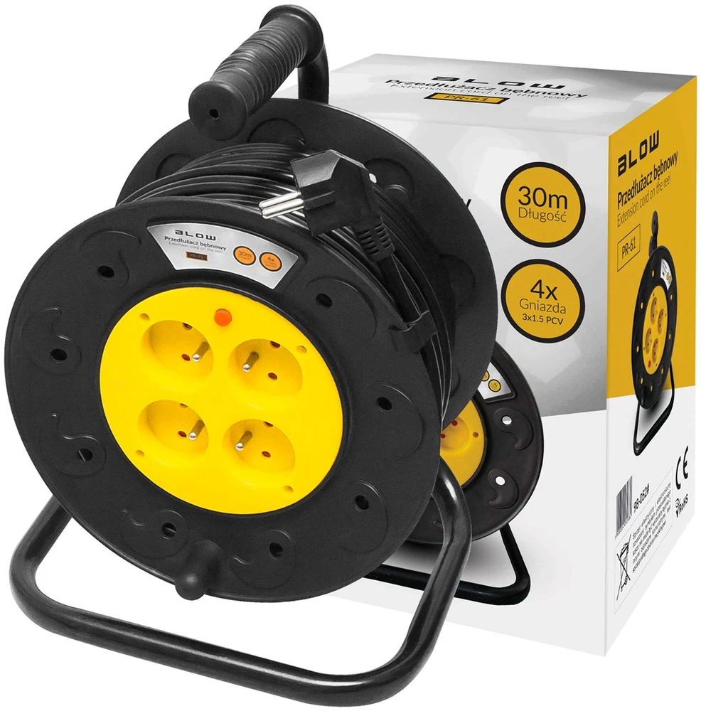 Blow PR-61 maitinimo ilgintuvas 4 lizdai su įžeminimu 30m PVC būgnas 3x1.5mm