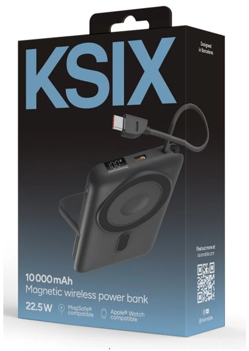 Ksix Magnetic Power Bank 10000 mAh, 22.5W, skirtas iPhone ir Apple Watch, Pilkas