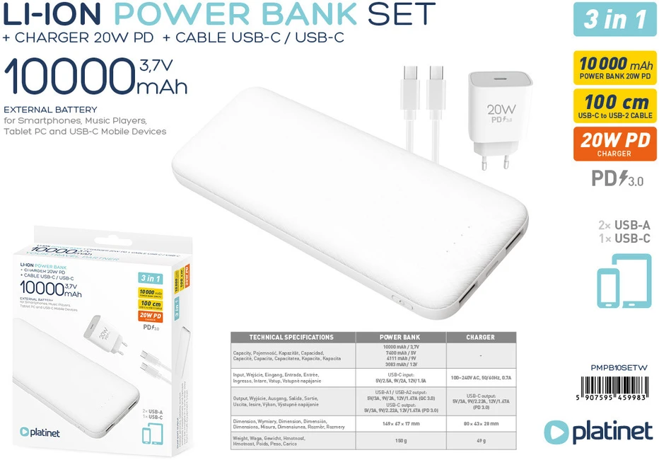 Išorinė Baterija - Platinet PMPB10SETW 10 000 mAh Balta