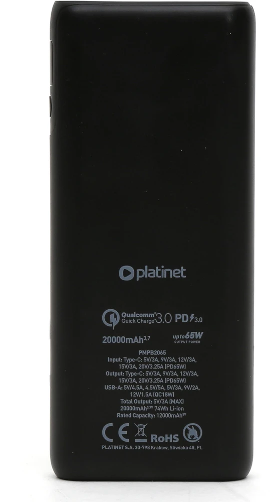 Išorinė baterija - Platinet PMPB2065B 20 000 mAh Juoda