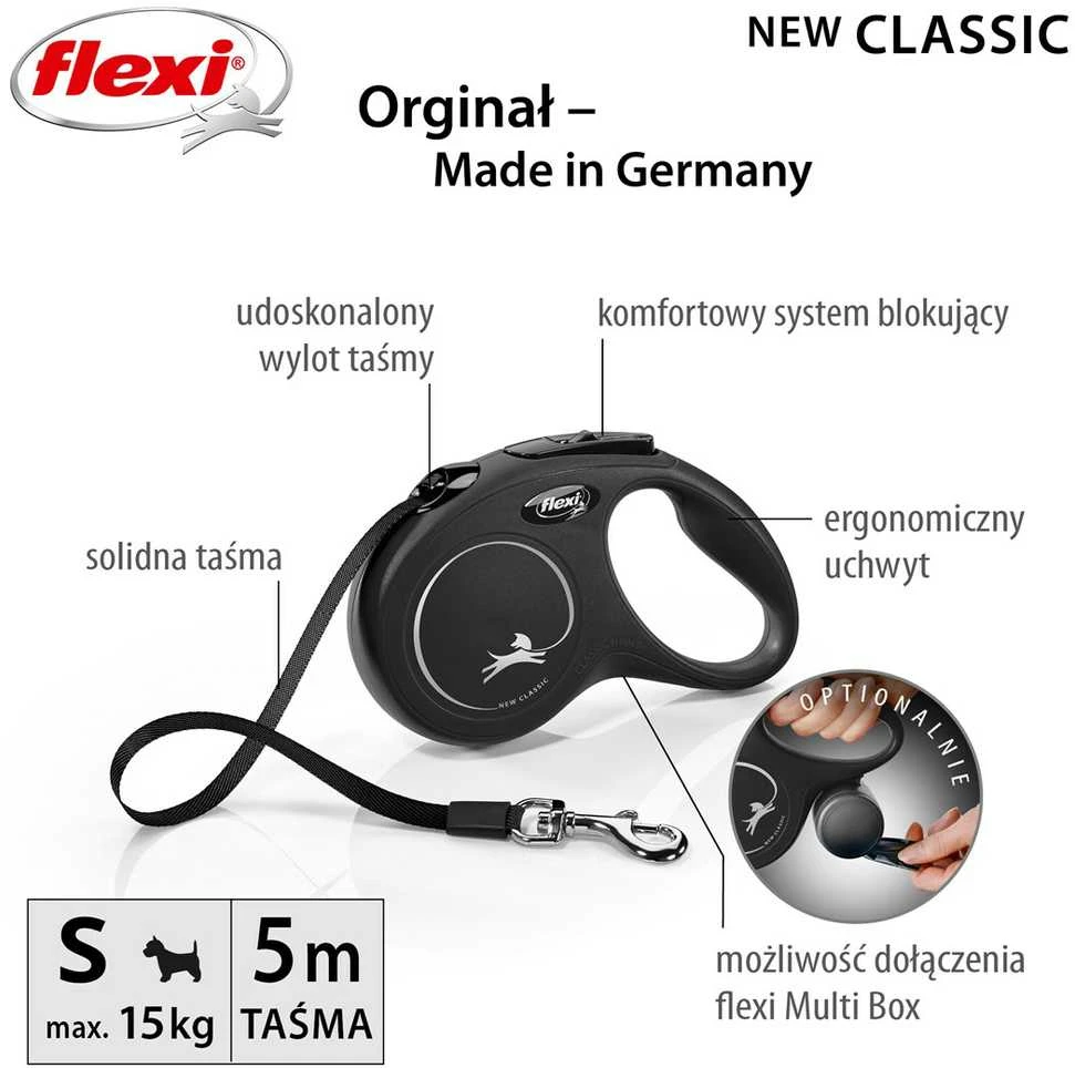 Flexi New Classic S pavadėlis šunims iki 15kg juostinis 5m juodos spalvos