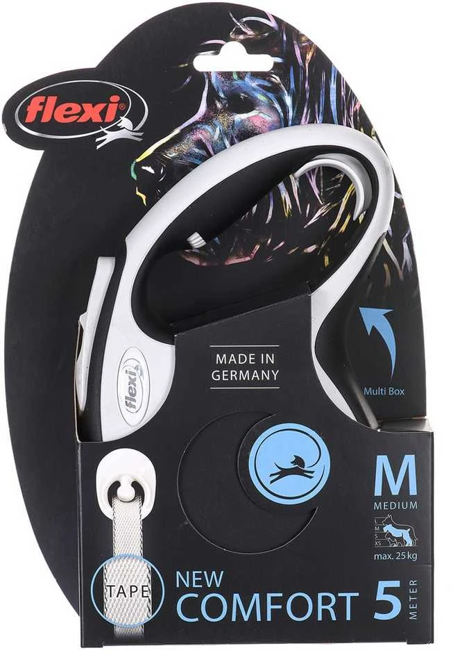 Flexi New Comfort Automatinis juostinis pavadėlis, 5 m / šunims iki 25kg / spalva: juoda ir balta