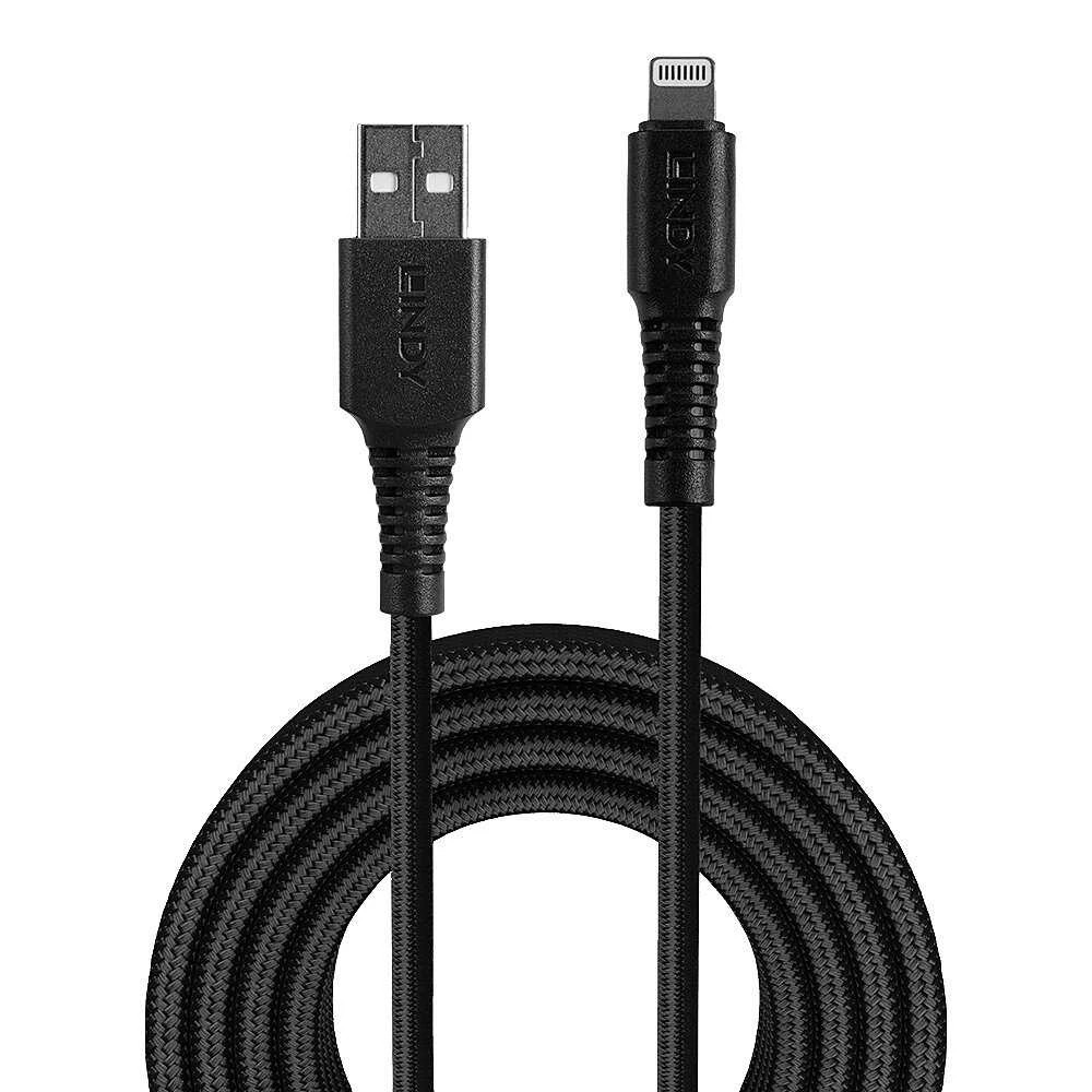 Kabelis - LINDY 1m sustiprintas USB Type A į Lightning kabelis 480Mbps PVC