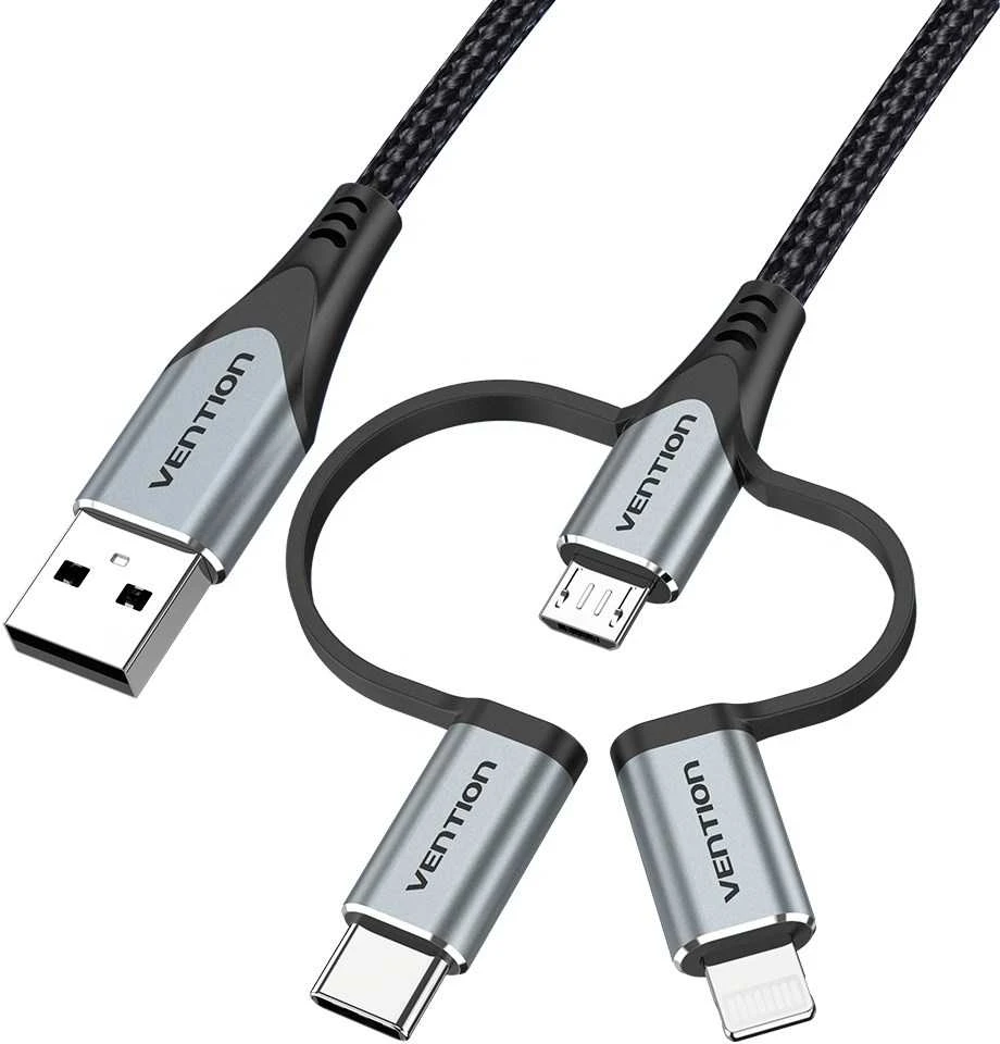 „Vention“ USB 2.0 A tipo kištukas į 3 viename „Micro-B“, USB-C ir „Lightning“ tipo kištuką, 1 m, pilkas, aliuminio lydinio tipas