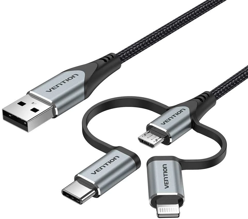 „Vention“ USB 2.0 A tipo kištukas į 3 viename „Micro-B“, USB-C ir „Lightning“ tipo kištuką, 1 m, pilkas, aliuminio lydinio tipas