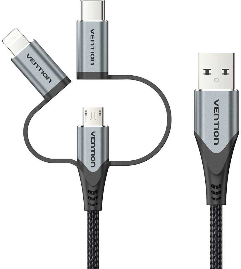 „Vention“ USB 2.0 A tipo kištukas į 3 viename „Micro-B“, USB-C ir „Lightning“ tipo kištuką, 1 m, pilkas, aliuminio lydinio tipas