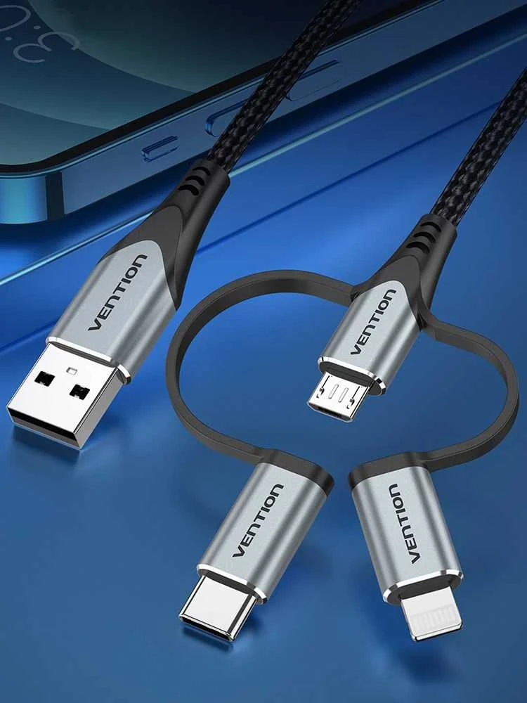 „Vention“ USB 2.0 A tipo kištukas į 3 viename „Micro-B“, USB-C ir „Lightning“ tipo kištuką, 1 m, pilkas, aliuminio lydinio tipas