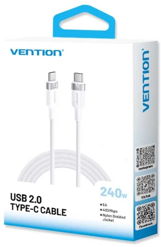 USB-C į C 2.0 Vention PD 3.1 5A 240W 2m baltos spalvos kabelis