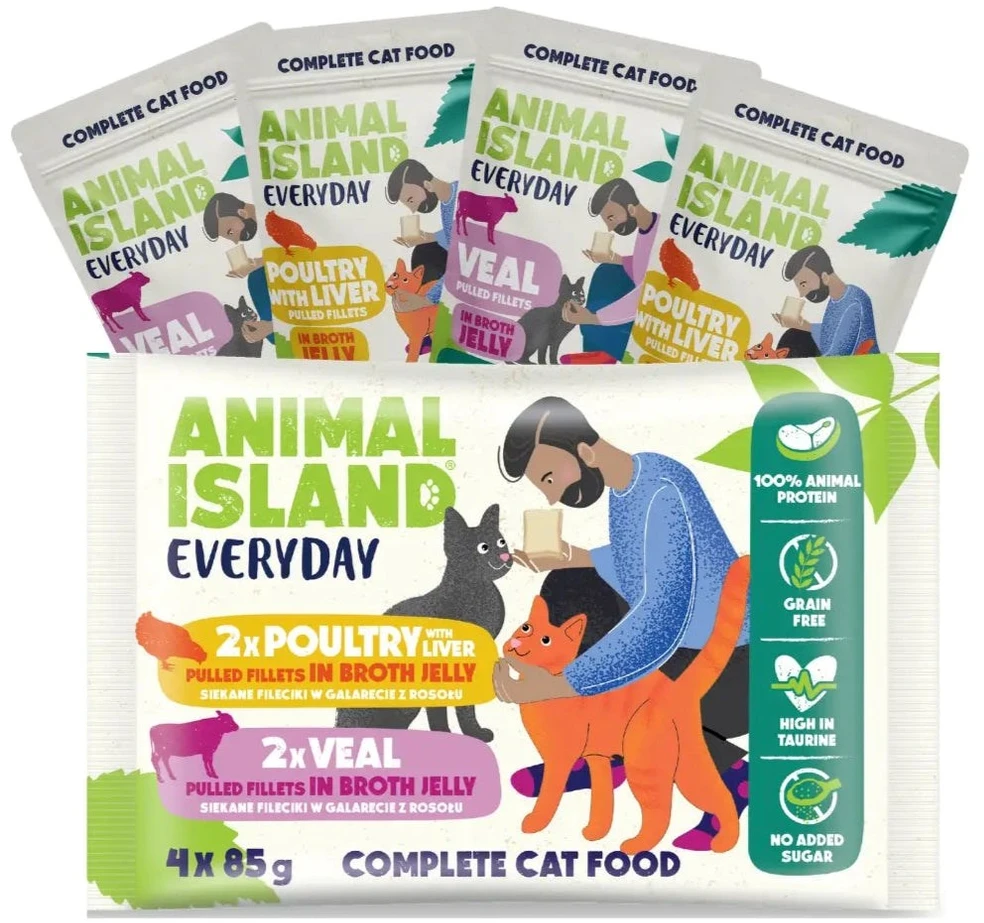 ANIMAL ISLAND Everyday – šlapias kačių ėdalas su veršiena ir paukštiena bei kepenėlėmis – 4 x 85 g