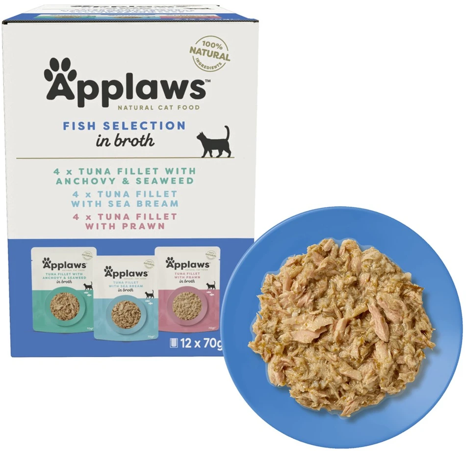 APPLAWS žuvis selekcinis daugiapakis sultinyje - šlapias kačių ėdalas - 12 x 70 g