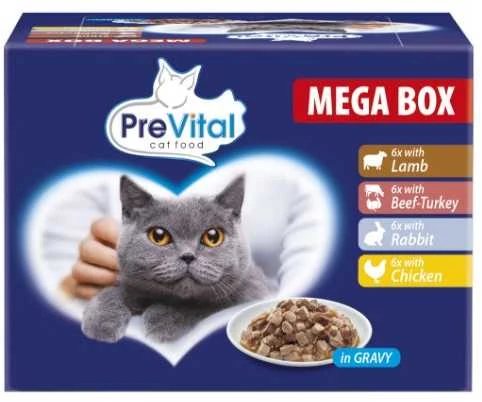 PREVITAL Cat Food Megabox su ėriena, jautiena, triušiena, and vištiena in Gravy - Wet Cat Food - 24 x 100g