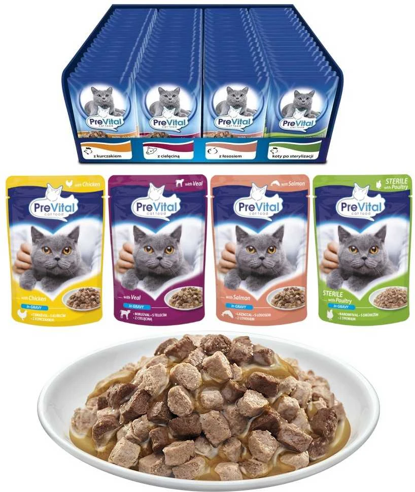 PREVITAL Cat Food Mix 4 skonių vištiena, veršiena, lašiša, paukštiena – šlapias kačių maistas – 96 x 100 g