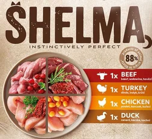 Kačių Maistas - SHELMA Drėgnas Kačių Maistas 340g Vištiena, Kalakutiena, Jautiena, Antiena